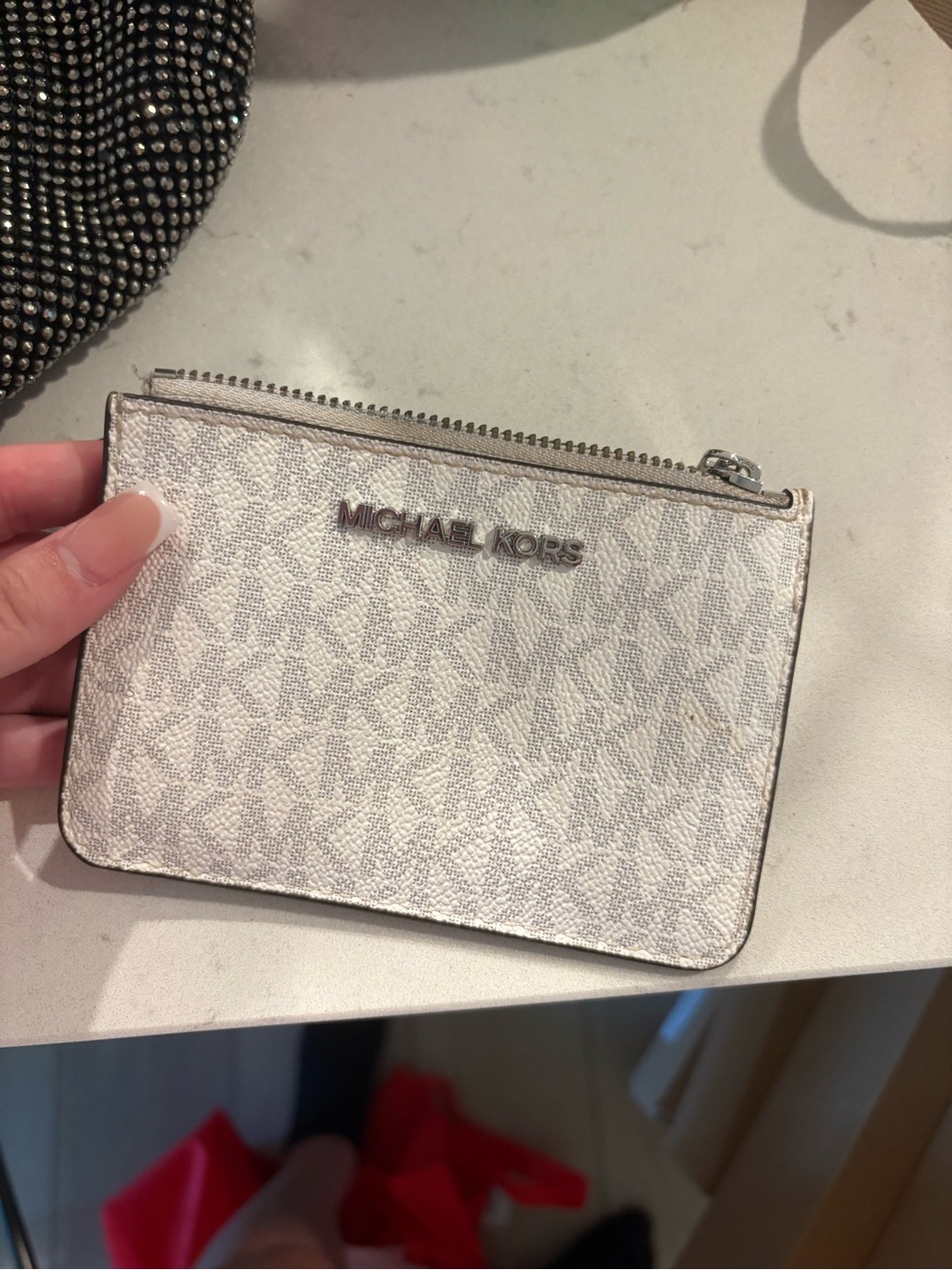 Michael Kors Metallic Silver Logo Zip Card Case